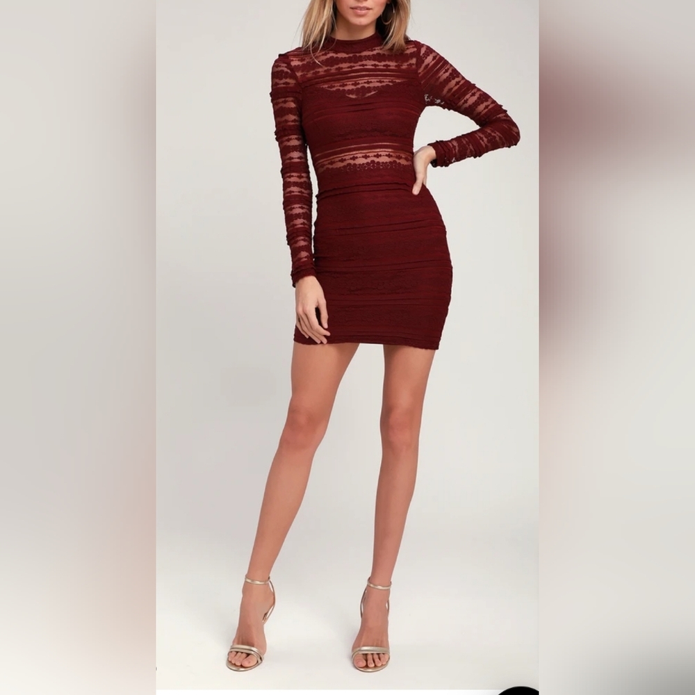 Reece Burgundy Lace Long Sleeve Bodycon Dress, XS